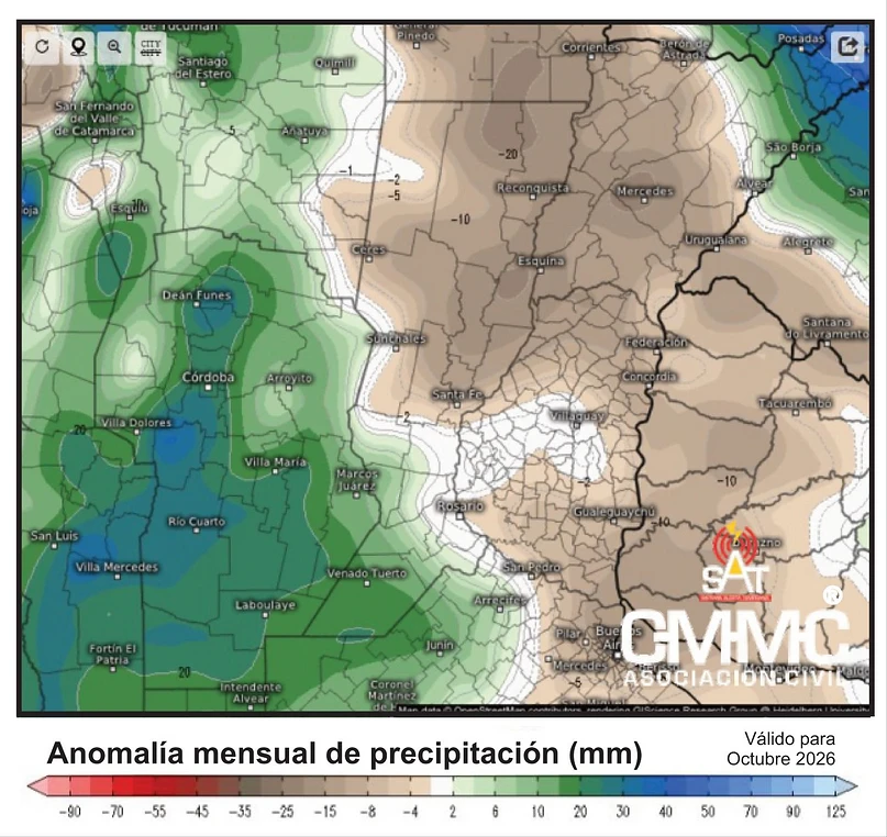 Monthly precipitation anomaly map for October 2026 showing varying levels of precipitation across different regions, with areas of excess in green and areas of deficit in brown.