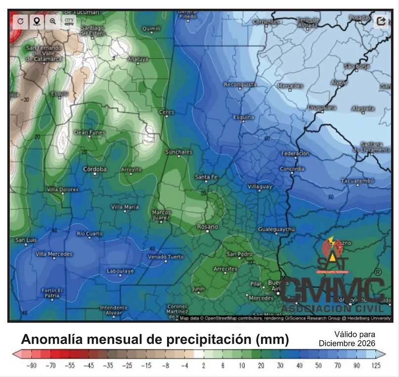 Monthly precipitation anomaly map for December 2026, showing varying levels of precipitation across different regions with a color gradient from deep blue to green.